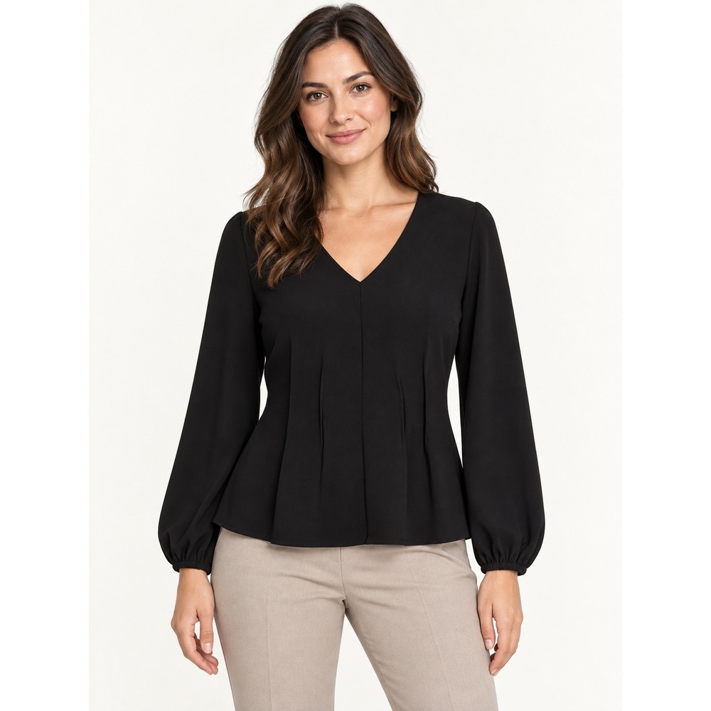 Ann Taylor Womens Black V-Neck Pleated Front Long Sleeve Blouse Size M